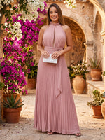 Chiffon Halter A Line Sleeveless Long Formal Dresses with Belt