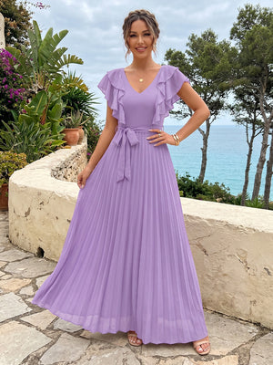 Chiffon V Neck Flutter Sleeves A Line Long Formal Dresses with Belt