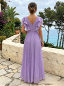 Chiffon V Neck Flutter Sleeves A Line Long Formal Dresses with Belt