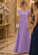 Chiffon V Neck Flutter Sleeves A Line Long Formal Dresses with Belt