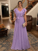 Chiffon V Neck Flutter Sleeves A Line Long Formal Dresses with Belt