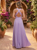 Satin A Line Halter Long Formal Dresses with Pleated