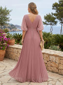 Chiffon V Neck A Line Long Formal Dresses with Sleeves