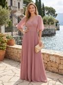 Chiffon V Neck A Line Long Formal Dresses with Sleeves