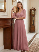 Chiffon V Neck A Line Long Formal Dresses with Sleeves