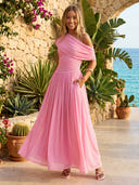 Chiffon One Shoulder A Line Sleeveless Long Formal Dresses with Pleated