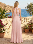Satin A Line Halter Sleeveless Long Formal Dresses with Pleated