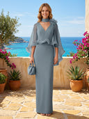 Chiffon V Neck Mermaid Long Formal Dresses with Cape