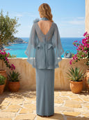 Chiffon V Neck Mermaid Long Formal Dresses with Cape