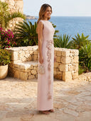 Satin Boat Neck Mermaid Long Formal Dresses with Flower