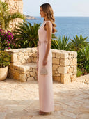 Satin Boat Neck Mermaid Long Formal Dresses with Flower