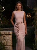 Satin Boat Neck Mermaid Long Formal Dresses with Flower