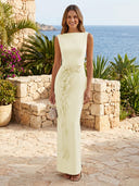 Satin Boat Neck Mermaid Long Formal Dresses with Flower