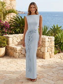 Satin Boat Neck Mermaid Long Formal Dresses with Flower