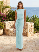 Satin Boat Neck Mermaid Long Formal Dresses with Flower