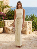 Satin Boat Neck Mermaid Long Formal Dresses with Flower