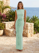 Satin Boat Neck Mermaid Long Formal Dresses with Flower