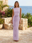 Satin Boat Neck Mermaid Long Formal Dresses with Flower
