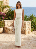 Satin Boat Neck Mermaid Long Formal Dresses with Flower