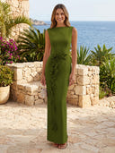 Satin Boat Neck Mermaid Long Formal Dresses with Flower