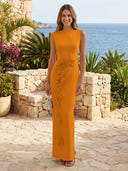 Satin Boat Neck Mermaid Long Formal Dresses with Flower