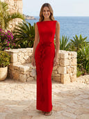 Satin Boat Neck Mermaid Long Formal Dresses with Flower