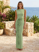 Satin Boat Neck Mermaid Long Formal Dresses with Flower