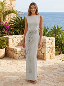 Satin Boat Neck Mermaid Long Formal Dresses with Flower