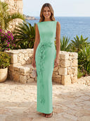 Satin Boat Neck Mermaid Long Formal Dresses with Flower