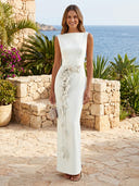 Satin Boat Neck Mermaid Long Formal Dresses with Flower