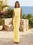Satin Boat Neck Mermaid Long Formal Dresses with Flower
