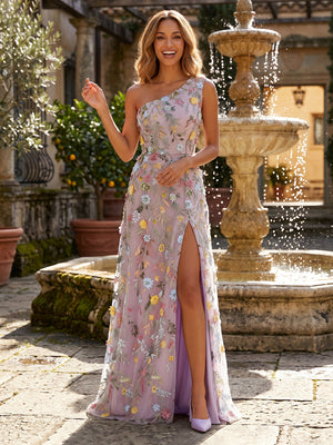 Tulle One Shoulder Mermaid Long Formal Dresses with Flower