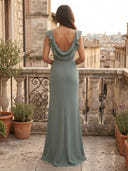 Chiffon V Neck Mermaid Ruffles Sleeves Long Formal Dresses with Slit