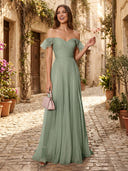 Chiffon Off Shoulder V Neck Long Formal Dresses with Pleated