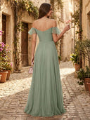 Chiffon Off Shoulder V Neck Long Formal Dresses with Pleated