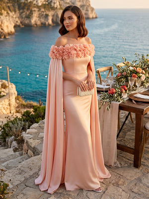 Satin Mermaid Off Shoulder Long Formal Dresses with 3D Flower