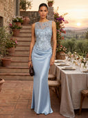 Satin Mermaid Scoop Neck Long Formal Dresses with Lace Appliques