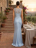 Satin Mermaid Scoop Neck Long Formal Dresses with Lace Appliques