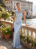Satin Mermaid Scoop Neck Long Formal Dresses with Lace Appliques