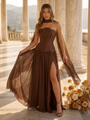 Chiffon A Line Strapless Long Formal Dresses with Scarf