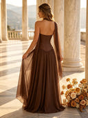 Chiffon A Line Strapless Long Formal Dresses with Scarf
