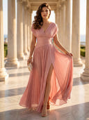 Chiffon A Line V Neck Long Formal Dresses with Slit
