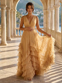 Tulle A Line V Neck Long Formal Dresses with Ruffles Wedding Guest Maxi Dresses