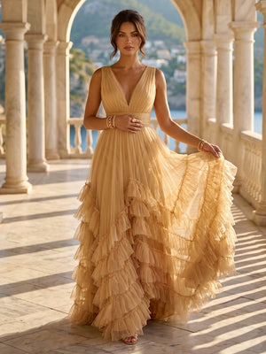 Tulle A Line V Neck Long Formal Dresses with Ruffles