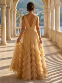 Tulle A Line V Neck Long Formal Dresses with Ruffles Wedding Guest Maxi Dresses