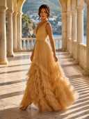 Tulle A Line V Neck Long Formal Dresses with Ruffles Wedding Guest Maxi Dresses