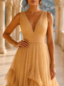 Tulle A Line V Neck Long Formal Dresses with Ruffles Wedding Guest Maxi Dresses
