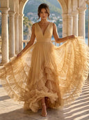 Tulle A Line V Neck Long Formal Dresses with Ruffles Wedding Guest Maxi Dresses