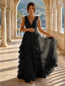 Tulle A Line V Neck Long Formal Dresses with Ruffles Wedding Guest Maxi Dresses