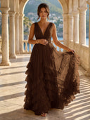 Tulle A Line V Neck Long Formal Dresses with Ruffles Wedding Guest Maxi Dresses